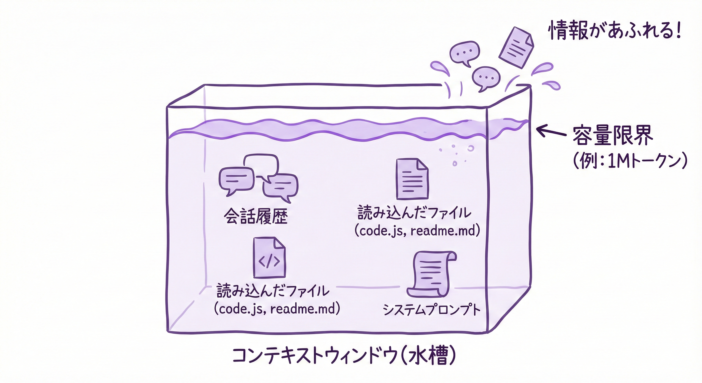 「コンテキストウィンドウ」を水槽に例えた図。会話履歴やファイル内容が魚のように泳いでいて、容量がいっぱいになると溢れそうになるイメージ。