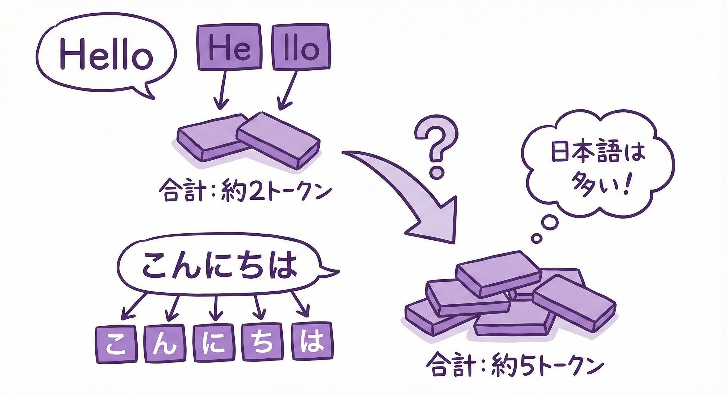 「Hello」と「こんにちは」がそれぞれトークンに分割される様子。英語は少ないブロック、日本語は多いブロックに分かれるイメージ。