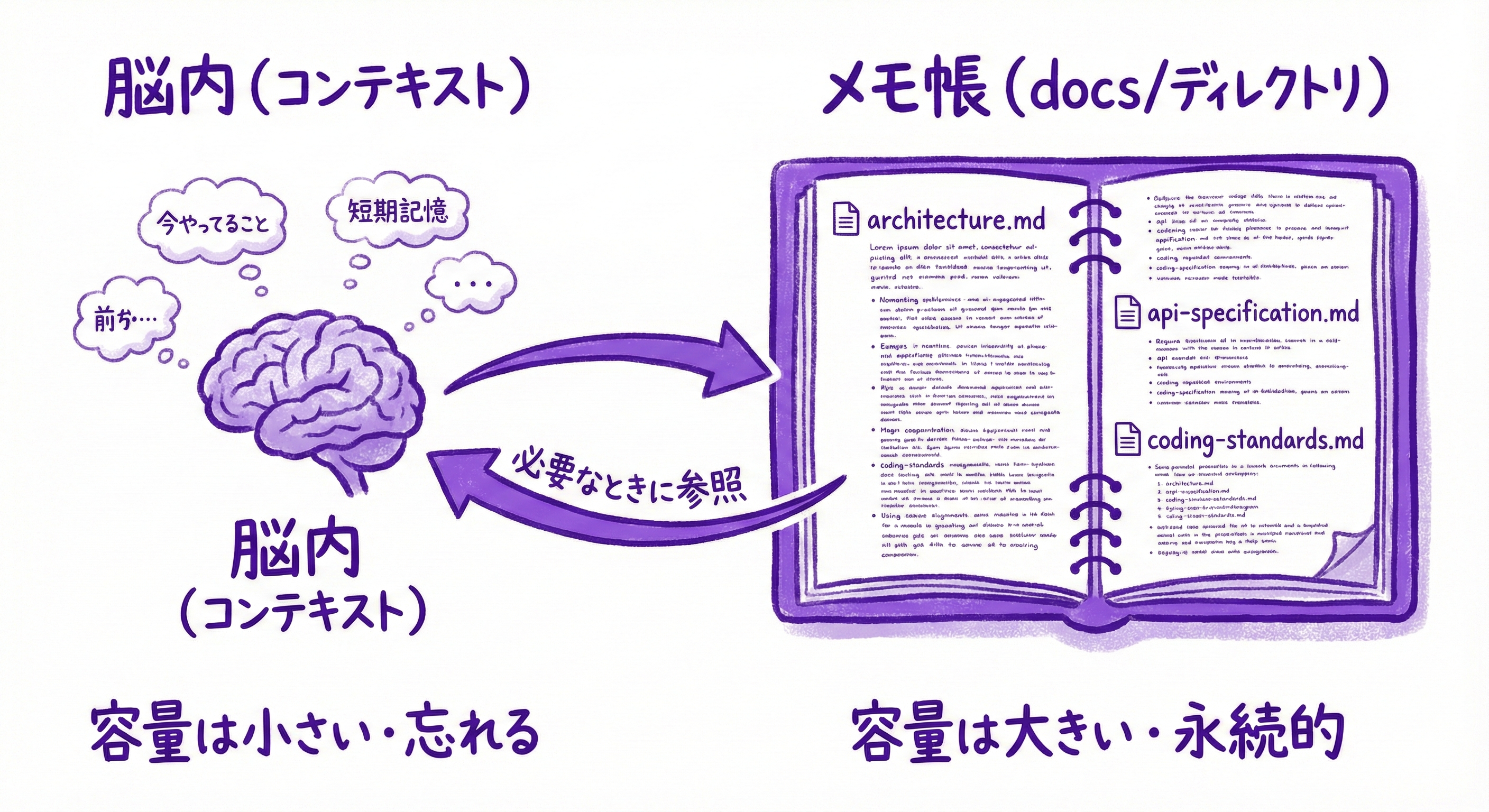 「脳（コンテキスト）」と「メモ帳（docs/）」の関係図。脳は小さく、メモ帳は大きく、必要なときに参照する矢印。