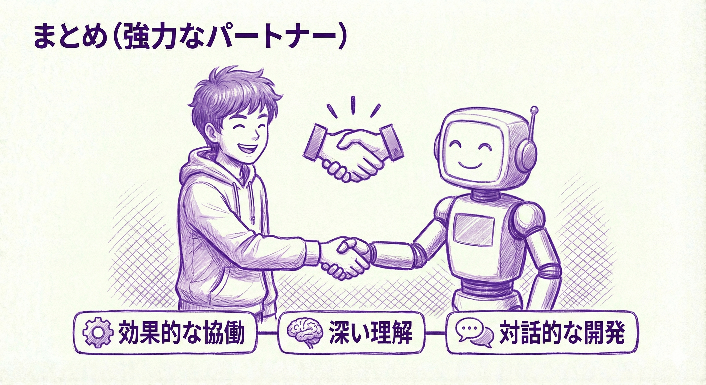 Nano Banana Pro挿絵 - 開発者とAIエージェントが握手している様子。「効果的な協働」「強力なパートナー」をイメージ。記事全体の締めくくりとして、人間とAIの協力関係を象徴する温かみのある図。