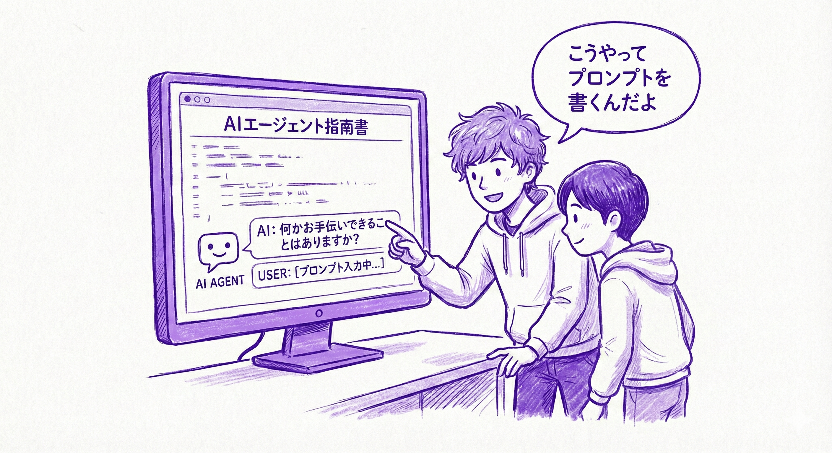 Nano Banana Pro挿絵 - 先輩開発者と新人が一緒にターミナルを見ながら、AIエージェントと対話している様子。画面にはコードとチャットが表示され、先輩が「こうやってプロンプトを書くんだよ」と教えている雰囲気。「指南書」らしいメンタリングのイメージ。
