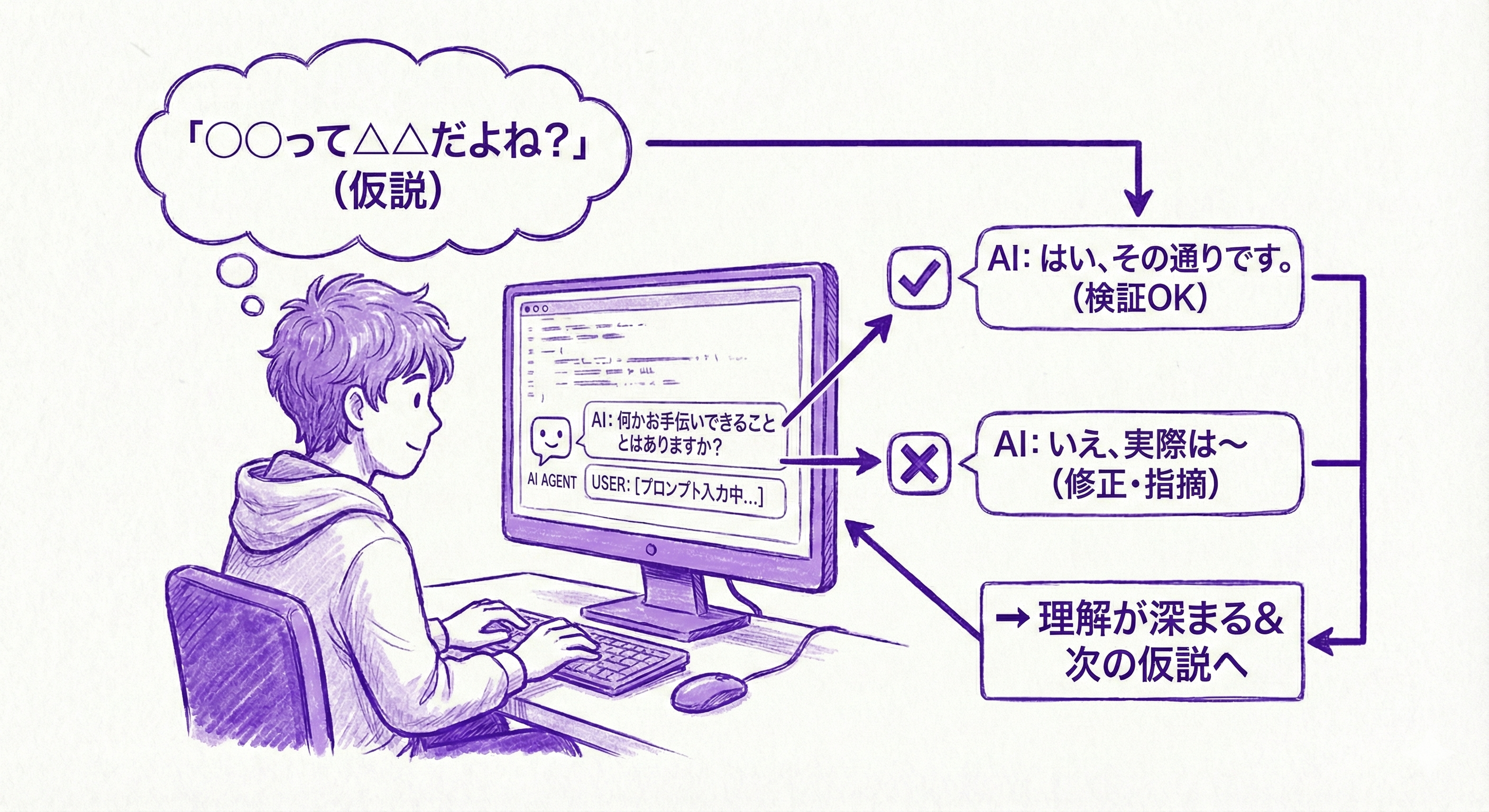 Nano Banana Pro挿絵 - 開発者が「◯◯って△△だよね?」と仮説を伝える吹き出しと、AIが「はい、その通りです」または「いえ、実際は〜」と応答する吹き出しの対話図。仮説検証の往復を視覚化し、「プロンプトの書き方」セクション全体のまとめとして機能させる。