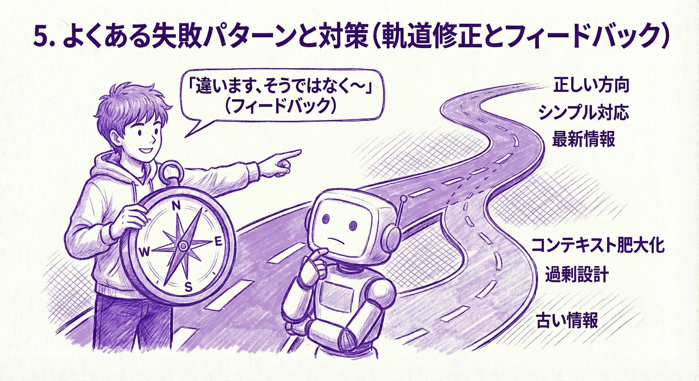 Nano Banana Pro挿絵 - 開発者がコンパスを持ち、AIエージェントの進行方向を正しくガイドしている様子。「軌道修正」「フィードバック」をイメージ。道に迷いそうなAIを開発者が正しい方向に導いている。