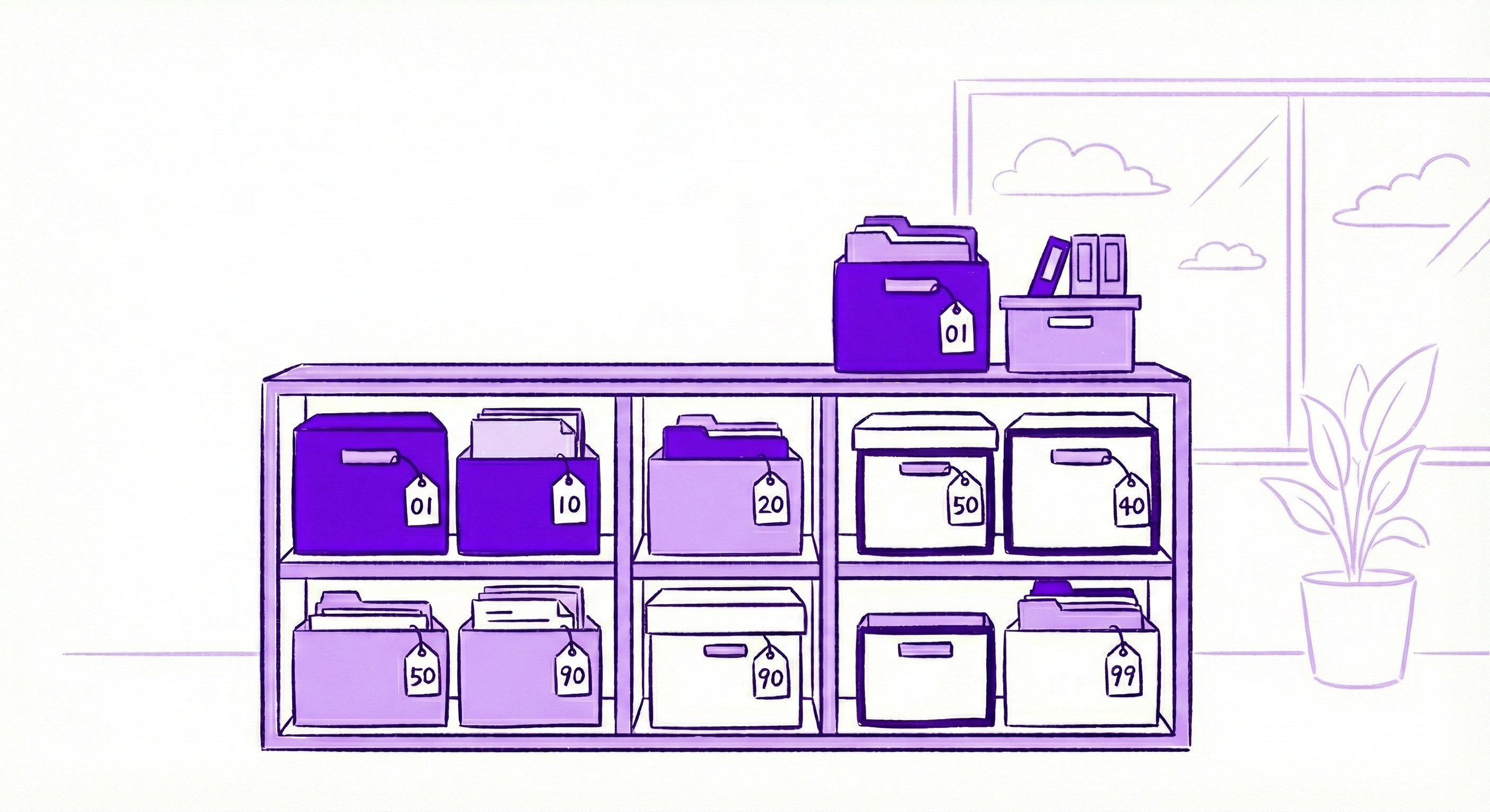 Nano Banana Pro挿絵 - 整理された棚と番号札のついたボックスが並ぶイメージ、明るいオフィス背景