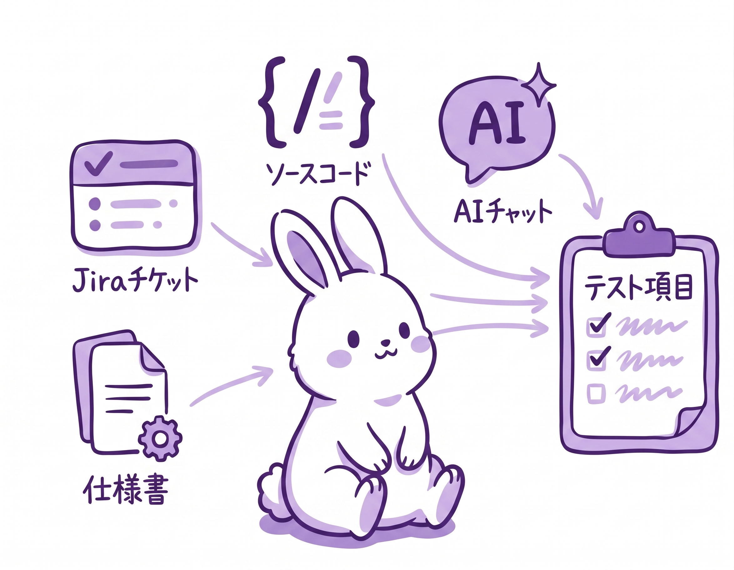 Jira、仕様書、ソースコード、AIチャットを並べてテスト項目を整理している様子